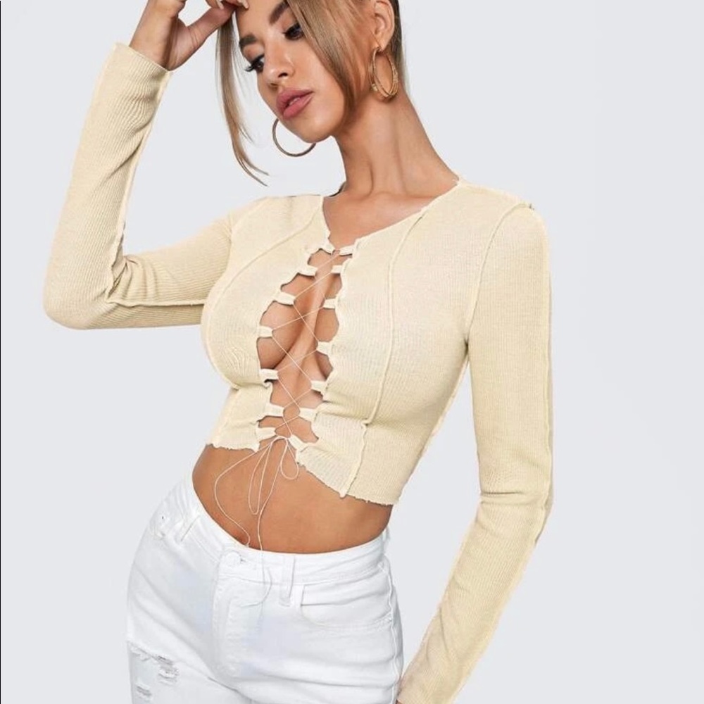Lace up Topstitching Ribbed top - Picture 6 of 6